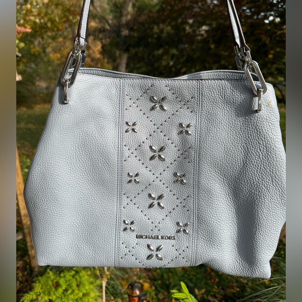Michael Kors Leighton Light Blue Leather Shoulder Bag with Silver Studs/hardware